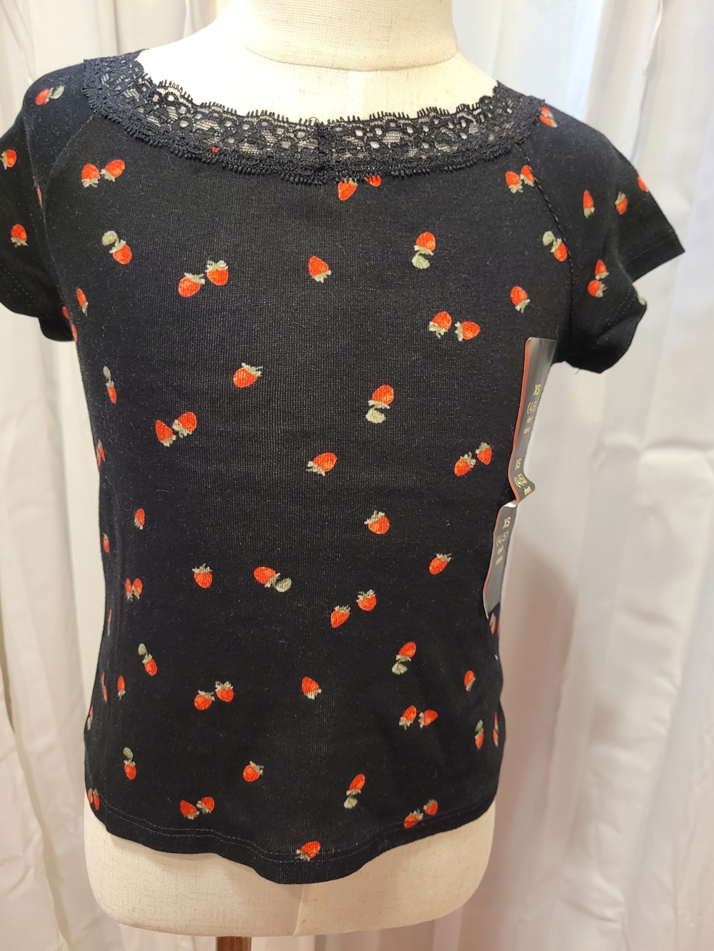 art class Black Short Sleeve Tee with Red Strawberry Print